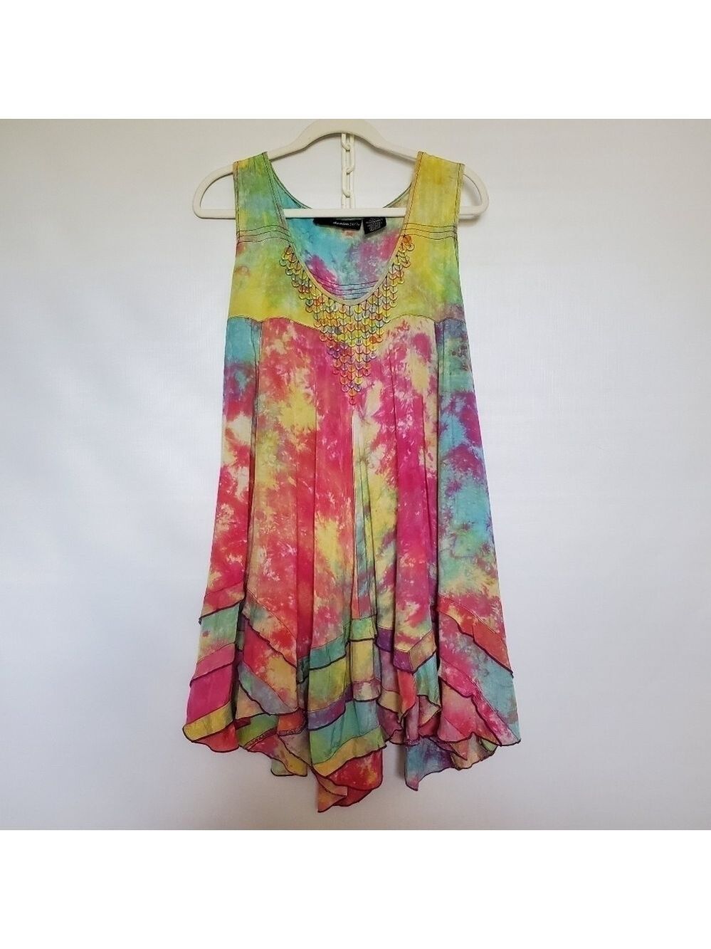 DENIM 24/7 TIE-DYE TOP TUNIC EASTER VIBRANT COLORS BEADED SLEEVELESS WOMEN (18W)